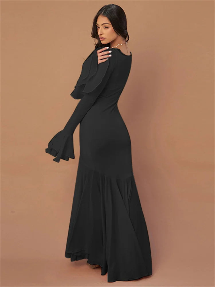 Vestido largo de fiesta con cuello cuadrado y volantes para mujer, ajustado, transparente, de cintura alta
