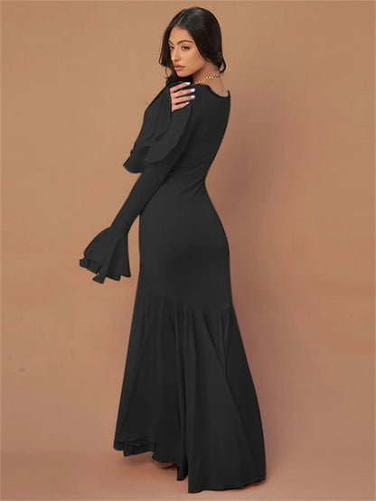 Vestido largo de fiesta con cuello cuadrado y volantes para mujer, ajustado, transparente, de cintura alta