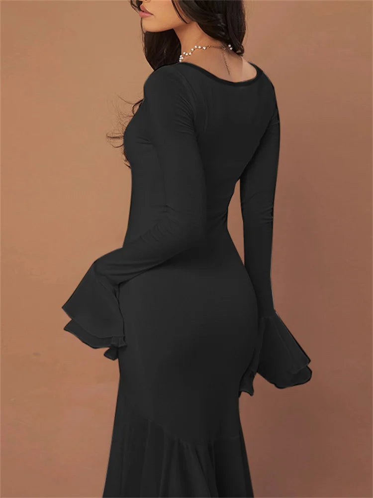 Vestido largo de fiesta con cuello cuadrado y volantes para mujer, ajustado, transparente, de cintura alta