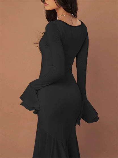 Vestido largo de fiesta con cuello cuadrado y volantes para mujer, ajustado, transparente, de cintura alta