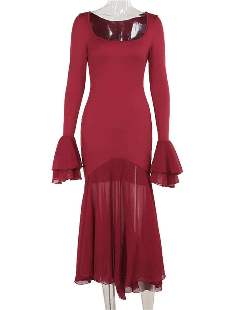 Vestido largo de fiesta con cuello cuadrado y volantes para mujer, ajustado, transparente, de cintura alta