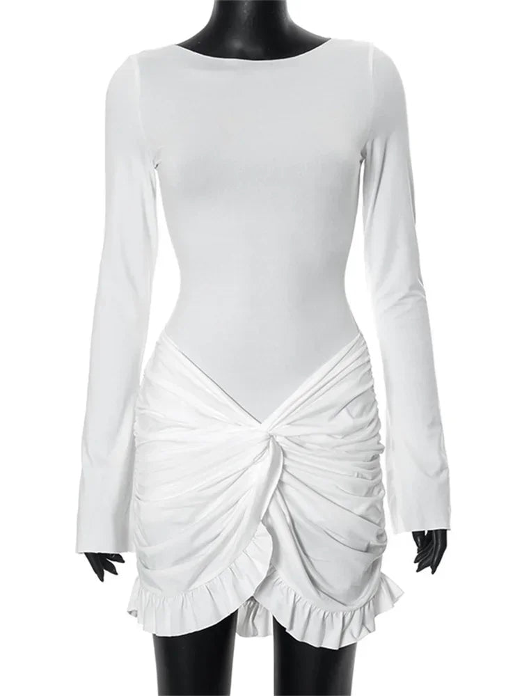 Vestido mini ajustado con volantes y manga larga para mujer, vestido de fiesta sexy de cintura alta con retazos y diseño ceñido Y2K