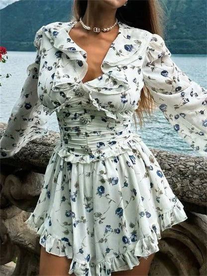 Vestido mini con volantes, cuello en V, estampado, vendaje para mujer, moda de otoño, con cordones en contraste, vestido de fiesta para mujer