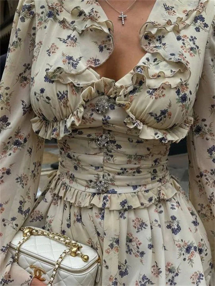 Vestido mini con volantes, cuello en V, estampado, vendaje para mujer, moda de otoño, con cordones en contraste, vestido de fiesta para mujer