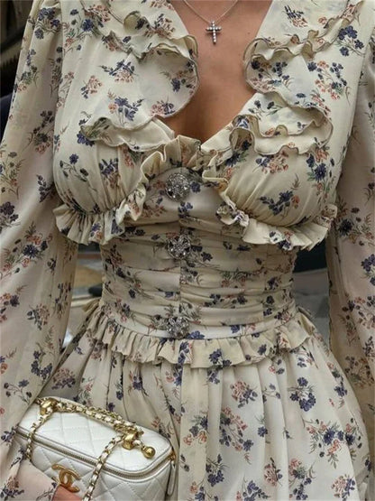 Vestido mini con volantes, cuello en V, estampado, vendaje para mujer, moda de otoño, con cordones en contraste, vestido de fiesta para mujer