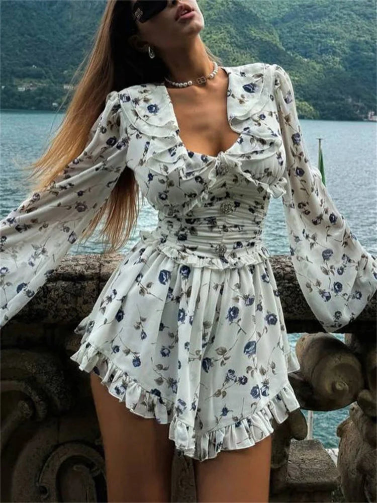 Vestido mini con volantes, cuello en V, estampado, vendaje para mujer, moda de otoño, con cordones en contraste, vestido de fiesta para mujer