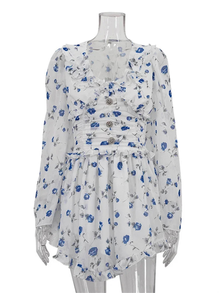 Vestido mini con volantes, cuello en V, estampado, vendaje para mujer, moda de otoño, con cordones en contraste, vestido de fiesta para mujer