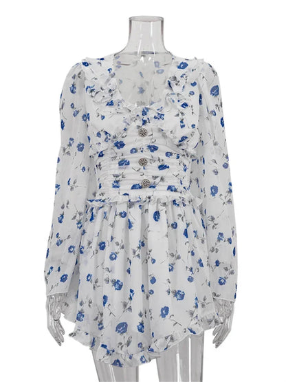 Vestido mini con volantes, cuello en V, estampado, vendaje para mujer, moda de otoño, con cordones en contraste, vestido de fiesta para mujer