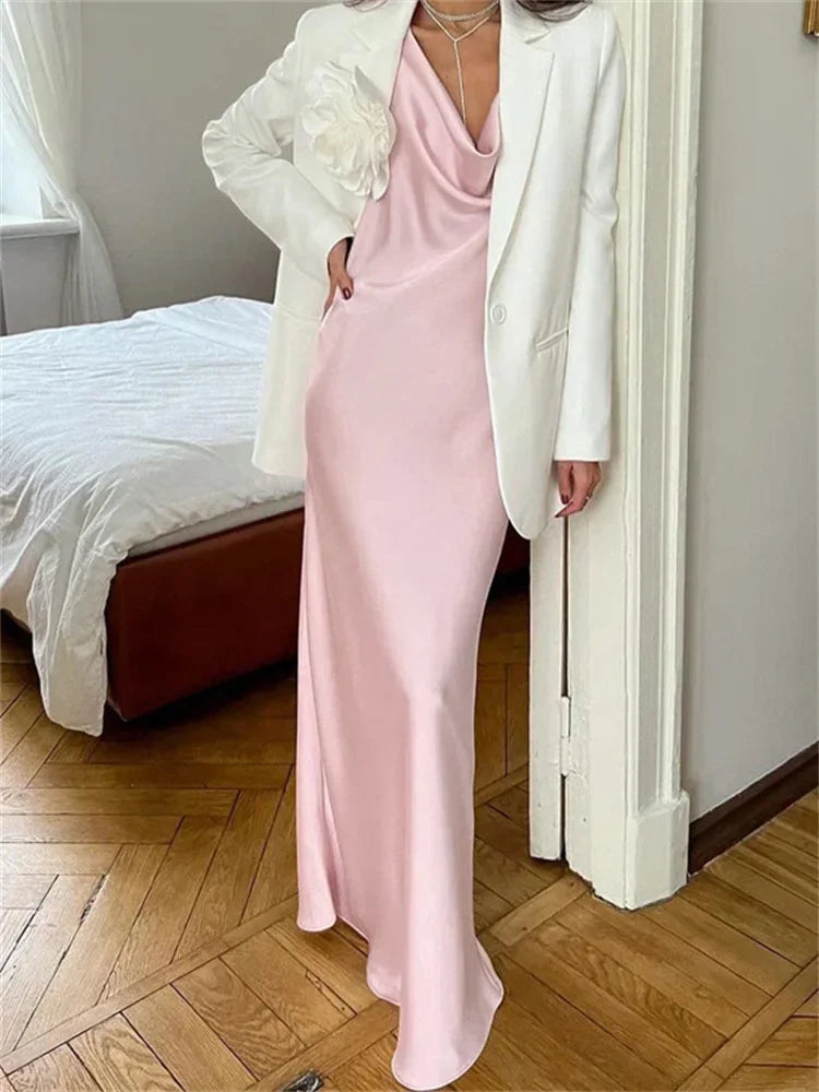 Vestido largo de satén sin espalda para mujer, elegante, de otoño, con cordones, cintura alta, liso, estilo vendaje, para fiesta