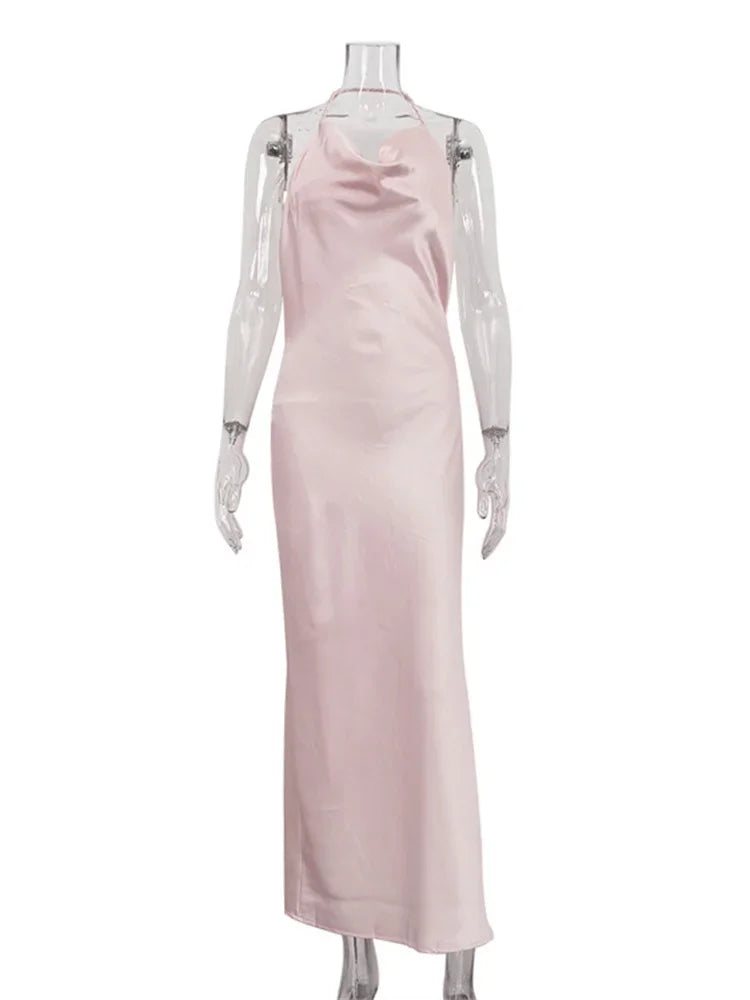 Vestido largo de satén sin espalda para mujer, elegante, de otoño, con cordones, cintura alta, liso, estilo vendaje, para fiesta