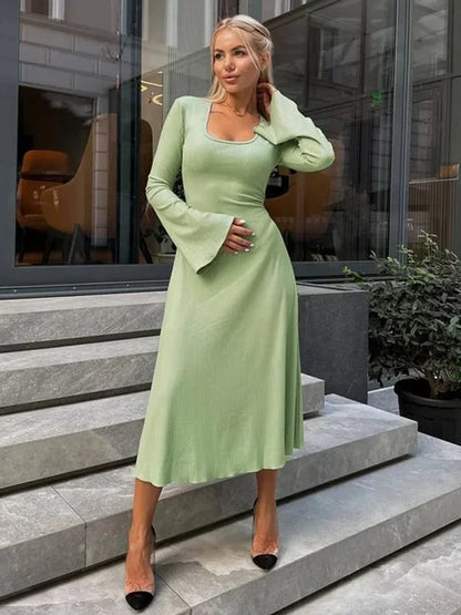 Scoop Neck Lace-Up Ribbed Maxi Dress Female Long Sleeve Fashion Slim Loose Bandage Dress Autumn 2025 Solid Women Dress New
