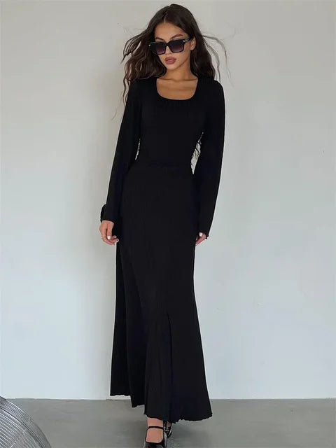 Scoop Neck Lace-Up Ribbed Maxi Dress Female Long Sleeve Fashion Slim Loose Bandage Dress Autumn 2025 Solid Women Dress New