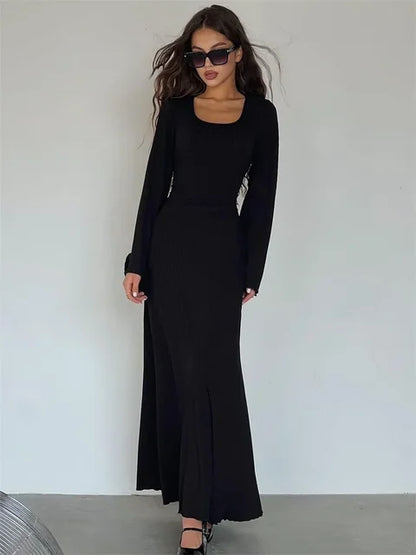 Scoop Neck Lace-Up Ribbed Maxi Dress Female Long Sleeve Fashion Slim Loose Bandage Dress Autumn 2025 Solid Women Dress New