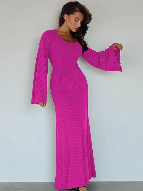 Scoop Neck Lace-Up Ribbed Maxi Dress Female Long Sleeve Fashion Slim Loose Bandage Dress Autumn 2025 Solid Women Dress New