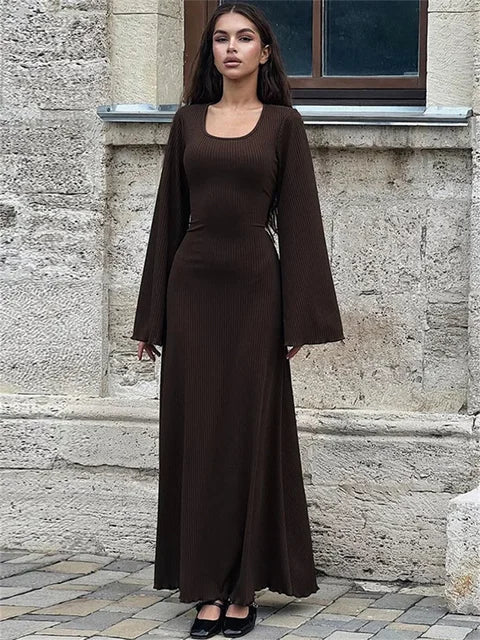 Scoop Neck Lace-Up Ribbed Maxi Dress Female Long Sleeve Fashion Slim Loose Bandage Dress Autumn 2025 Solid Women Dress New