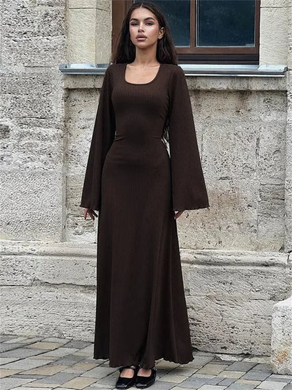 Scoop Neck Lace-Up Ribbed Maxi Dress Female Long Sleeve Fashion Slim Loose Bandage Dress Autumn 2025 Solid Women Dress New