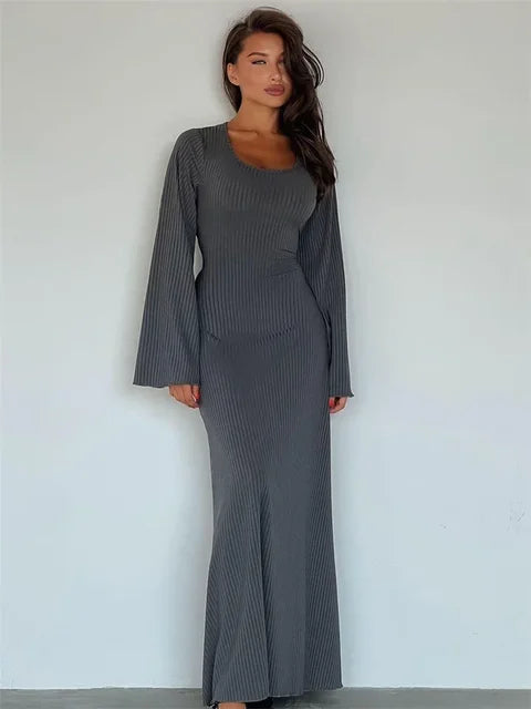 Scoop Neck Lace-Up Ribbed Maxi Dress Female Long Sleeve Fashion Slim Loose Bandage Dress Autumn 2025 Solid Women Dress New
