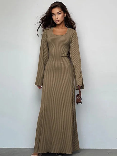 Scoop Neck Lace-Up Ribbed Maxi Dress Female Long Sleeve Fashion Slim Loose Bandage Dress Autumn 2025 Solid Women Dress New