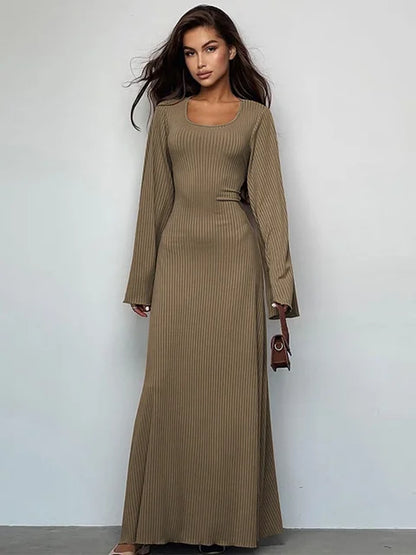 Scoop Neck Lace-Up Ribbed Maxi Dress Female Long Sleeve Fashion Slim Loose Bandage Dress Autumn 2025 Solid Women Dress New