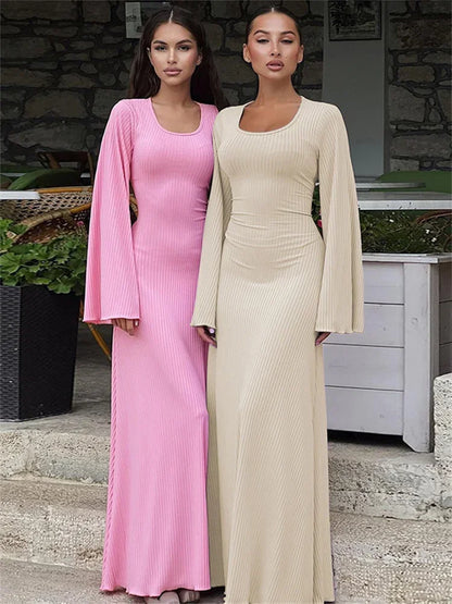 Scoop Neck Lace-Up Ribbed Maxi Dress Female Long Sleeve Fashion Slim Loose Bandage Dress Autumn 2025 Solid Women Dress New