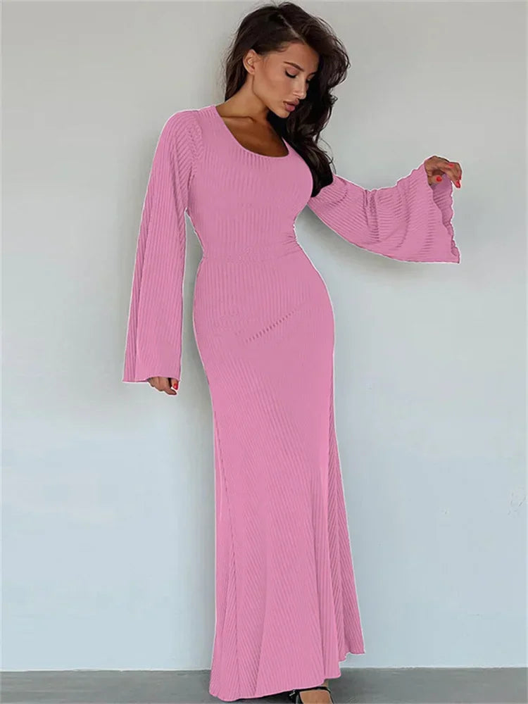 Scoop Neck Lace-Up Ribbed Maxi Dress Female Long Sleeve Fashion Slim Loose Bandage Dress Autumn 2025 Solid Women Dress New