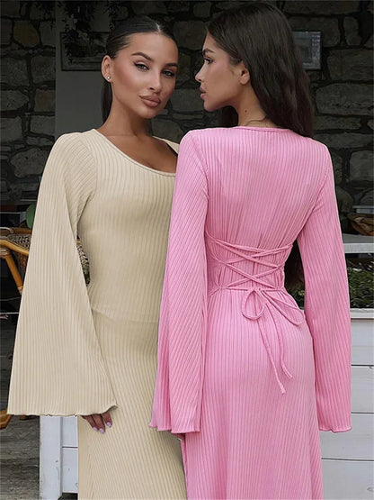 Scoop Neck Lace-Up Ribbed Maxi Dress Female Long Sleeve Fashion Slim Loose Bandage Dress Autumn 2025 Solid Women Dress New