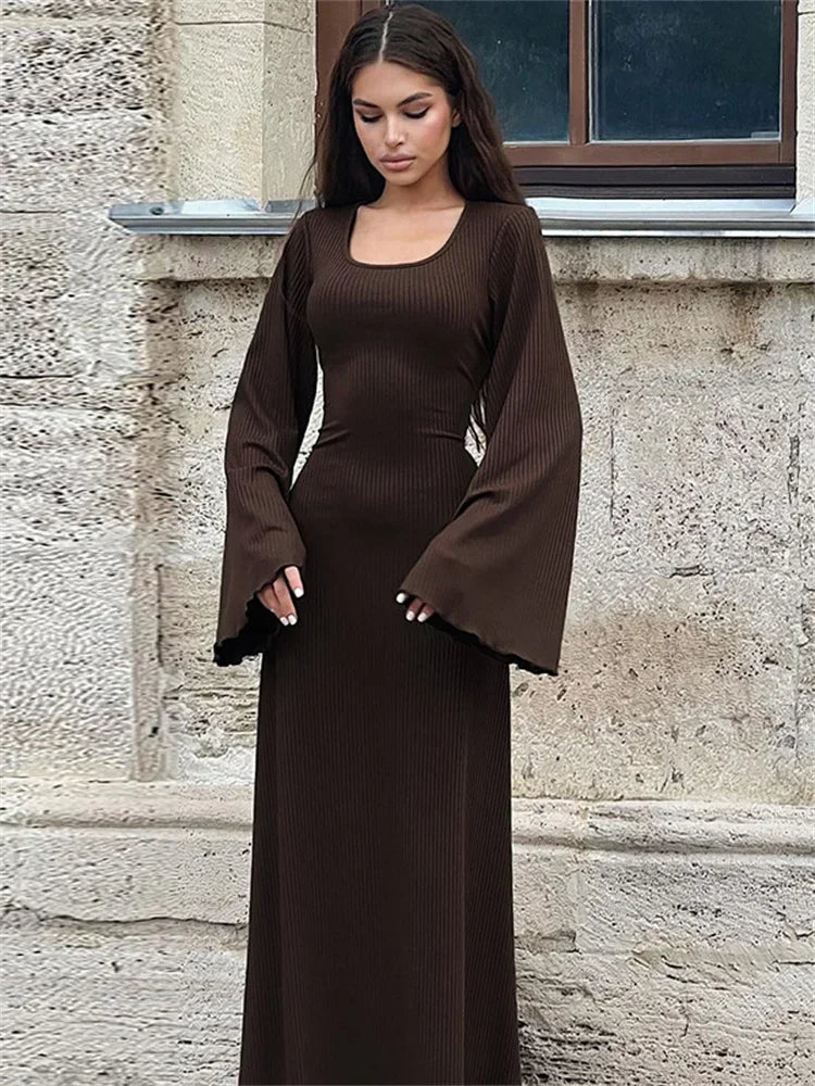 Scoop Neck Lace-Up Ribbed Maxi Dress Female Long Sleeve Fashion Slim Loose Bandage Dress Autumn 2025 Solid Women Dress New