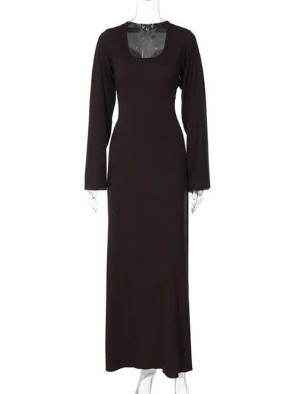 Scoop Neck Lace-Up Ribbed Maxi Dress Female Long Sleeve Fashion Slim Loose Bandage Dress Autumn 2025 Solid Women Dress New