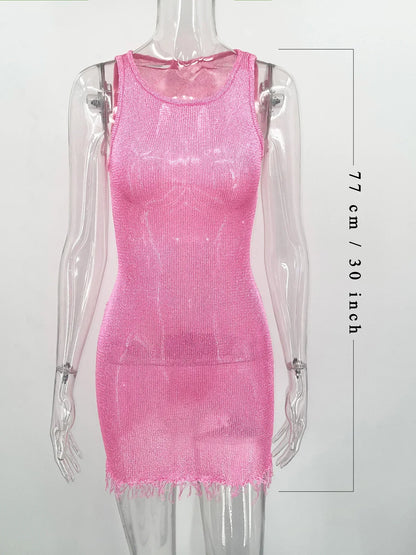 See-Through Fashion Sexy Mini Dress For Women Sleeveless Hollow Out High Waist  Bodycon Dress Female Y2k Party Dress