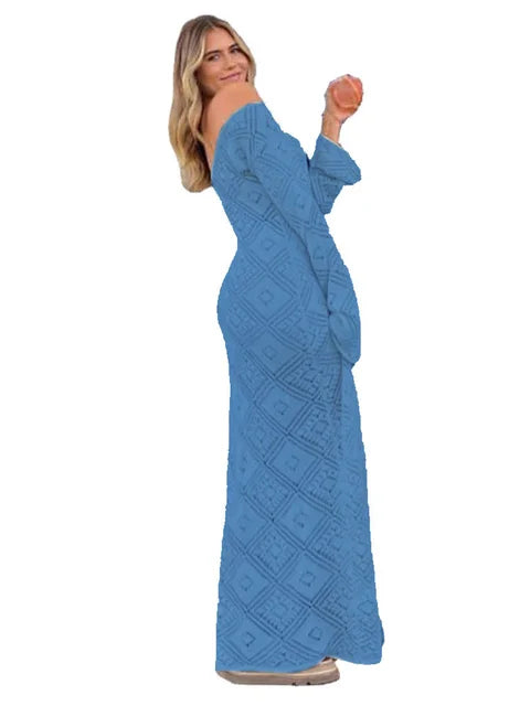 Vestido holgado transparente con mangas acampanadas para mujer, sin espalda, calado, para vacaciones y playa, con cuello en V, vestido largo tipo jersey 2025