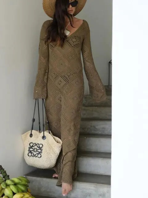 Vestido holgado transparente con mangas acampanadas para mujer, sin espalda, calado, para vacaciones y playa, con cuello en V, vestido largo tipo jersey 2025