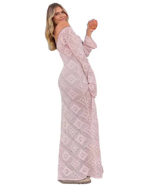 Vestido holgado transparente con mangas acampanadas para mujer, sin espalda, calado, para vacaciones y playa, con cuello en V, vestido largo tipo jersey 2025