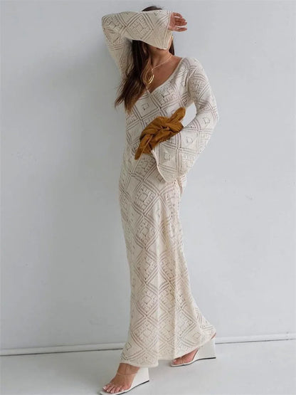 Vestido holgado transparente con mangas acampanadas para mujer, sin espalda, calado, para vacaciones y playa, con cuello en V, vestido largo tipo jersey 2025
