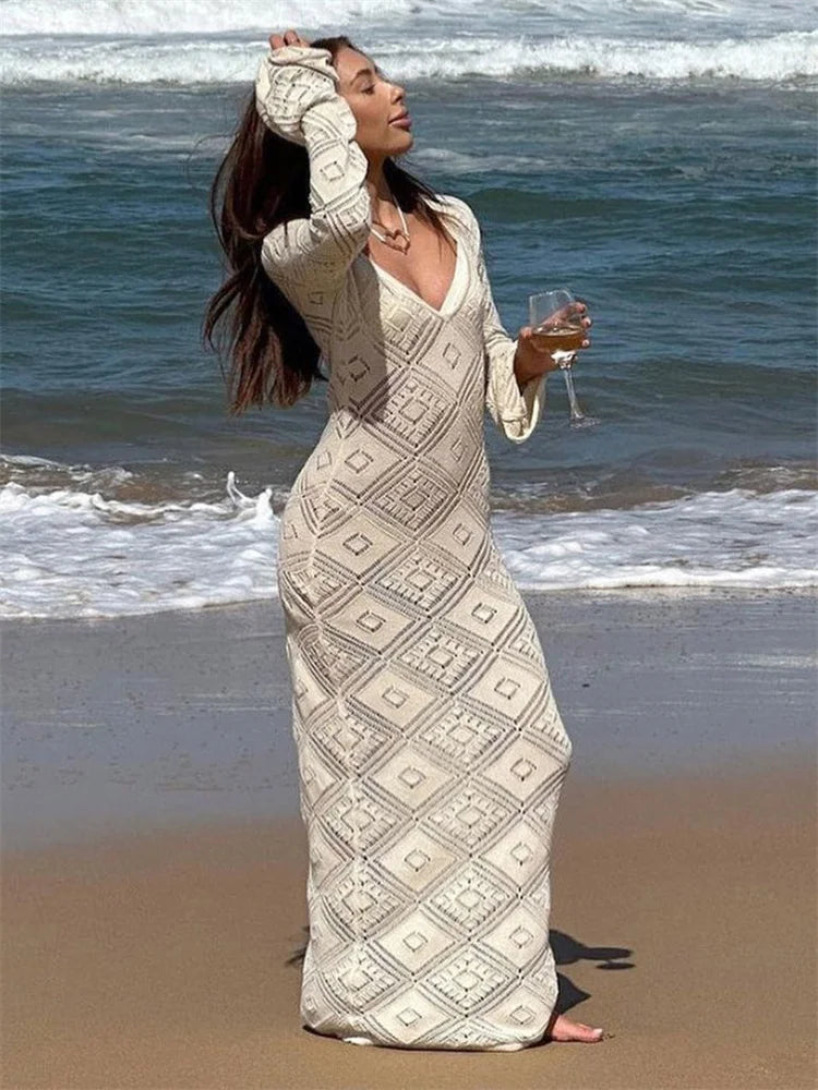 Vestido holgado transparente con mangas acampanadas para mujer, sin espalda, calado, para vacaciones y playa, con cuello en V, vestido largo tipo jersey 2025