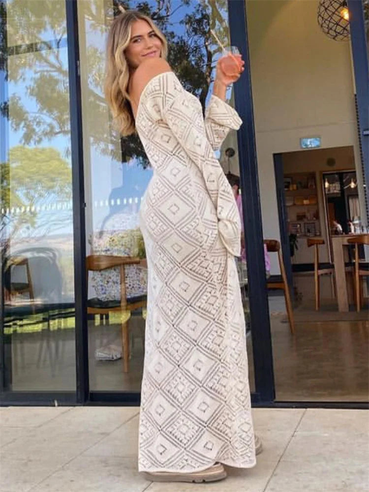 Vestido holgado transparente con mangas acampanadas para mujer, sin espalda, calado, para vacaciones y playa, con cuello en V, vestido largo tipo jersey 2025