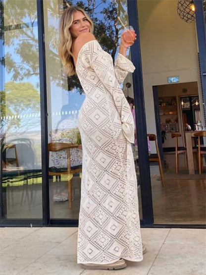 Vestido holgado transparente con mangas acampanadas para mujer, sin espalda, calado, para vacaciones y playa, con cuello en V, vestido largo tipo jersey 2025