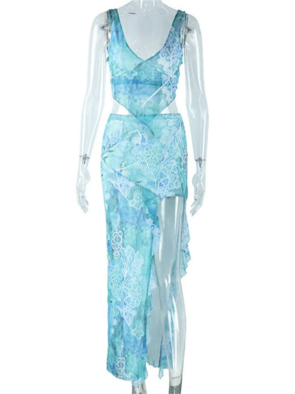 Conjunto de 2 piezas con estampado transparente para mujer, top con cordones y espalda descubierta y falda larga informal con abertura alta