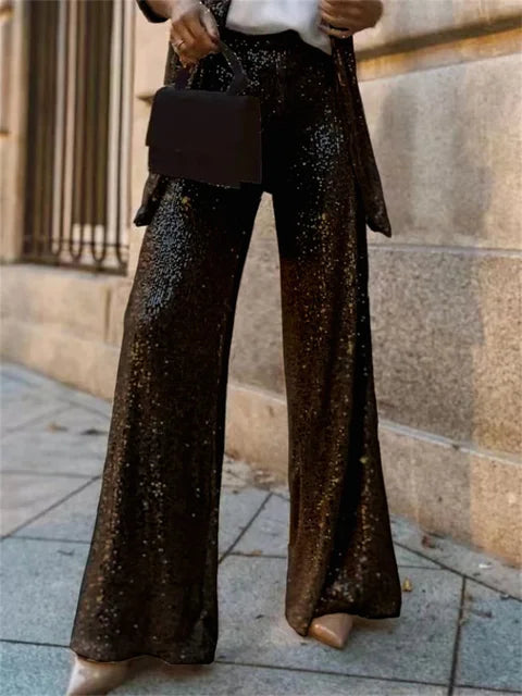 Conjunto de 2 piezas de lentejuelas para mujer, con pierna recta, ajustado, con retazos de purpurina, ropa de abrigo y pantalones