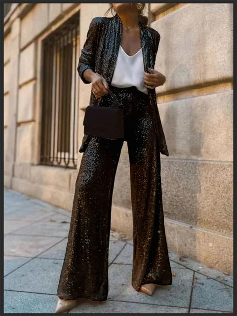 Conjunto de 2 piezas de lentejuelas para mujer, con pierna recta, ajustado, con retazos de purpurina, ropa de abrigo y pantalones