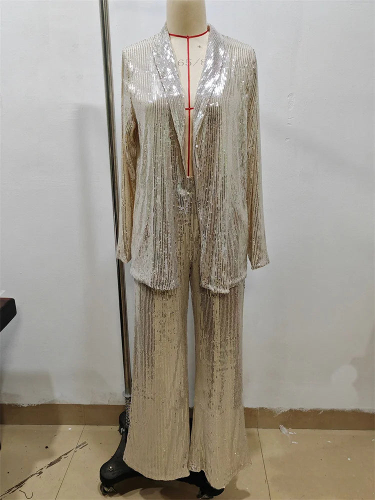 Conjunto de 2 piezas de lentejuelas para mujer, con pierna recta, ajustado, con retazos de purpurina, ropa de abrigo y pantalones