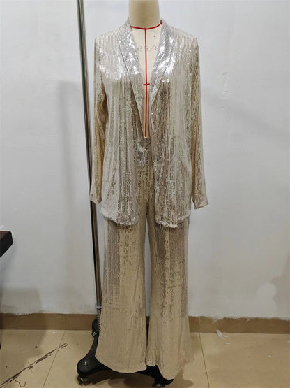 Conjunto de 2 piezas de lentejuelas para mujer, con pierna recta, ajustado, con retazos de purpurina, ropa de abrigo y pantalones