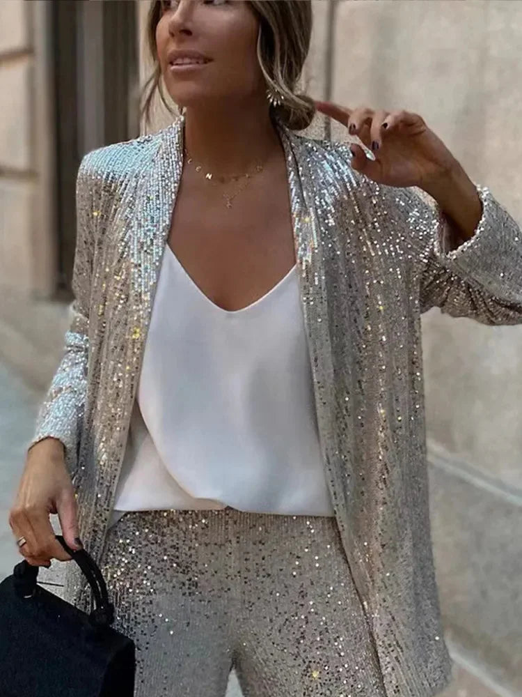 Conjunto de 2 piezas de lentejuelas para mujer, con pierna recta, ajustado, con retazos de purpurina, ropa de abrigo y pantalones