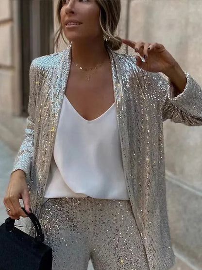 Conjunto de 2 piezas de lentejuelas para mujer, con pierna recta, ajustado, con retazos de purpurina, ropa de abrigo y pantalones