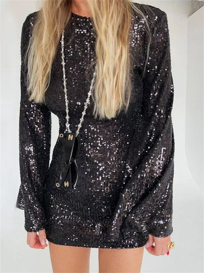 Vestido mini de lentejuelas de moda de otoño para mujer, con purpurina transparente, manga larga, elegante, para fiesta en club, vestido brillante para mujer 2025