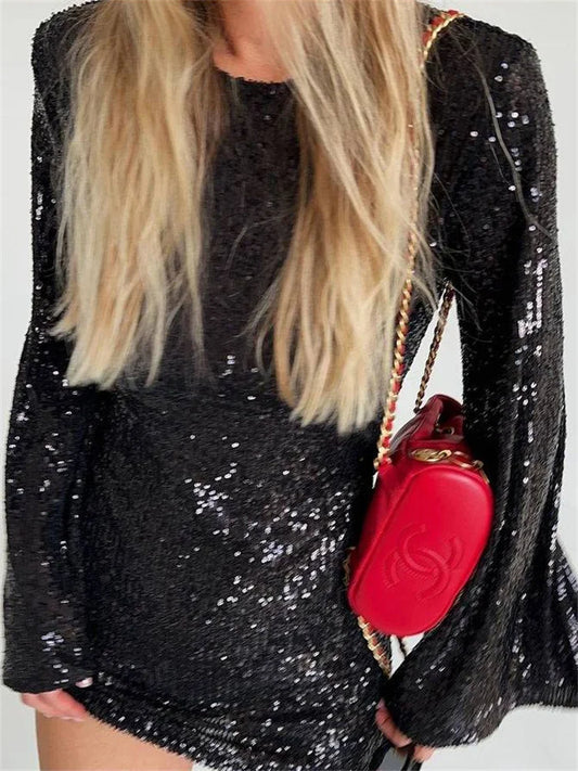 Vestido mini de lentejuelas de moda de otoño para mujer, con purpurina transparente, manga larga, elegante, para fiesta en club, vestido brillante para mujer 2025