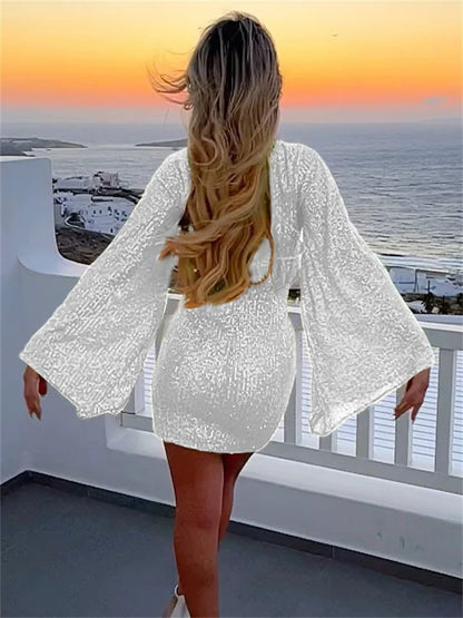 Vestido mini de lentejuelas de moda de otoño para mujer, con purpurina transparente, manga larga, elegante, para fiesta en club, vestido brillante para mujer 2025