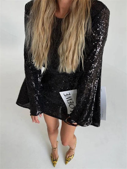 Vestido mini de lentejuelas de moda de otoño para mujer, con purpurina transparente, manga larga, elegante, para fiesta en club, vestido brillante para mujer 2025