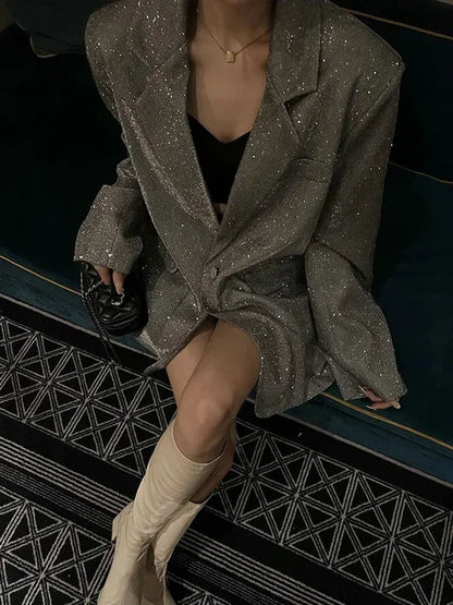 Sequin Glitter Lapel Suit Outwear for Women – Long Sleeve Fashion Coat