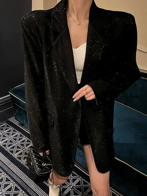Sequin Glitter Lapel Suit Outwear for Women – Long Sleeve Fashion Coat
