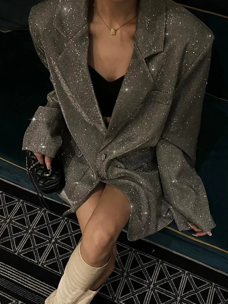 Sequin Glitter Lapel Suit Outwear for Women – Long Sleeve Fashion Coat
